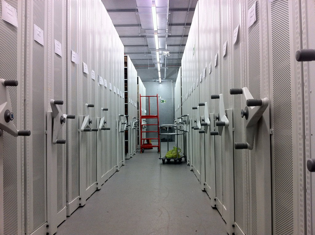 Photo of movable shelves in the stacks