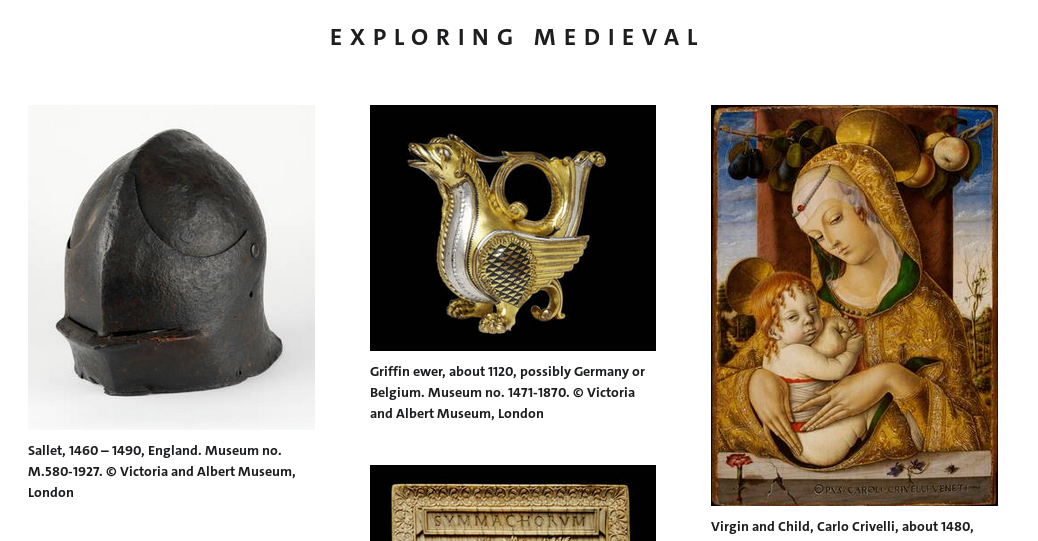 Screenshot of the V & A Collection Inteface for the Medieval Content